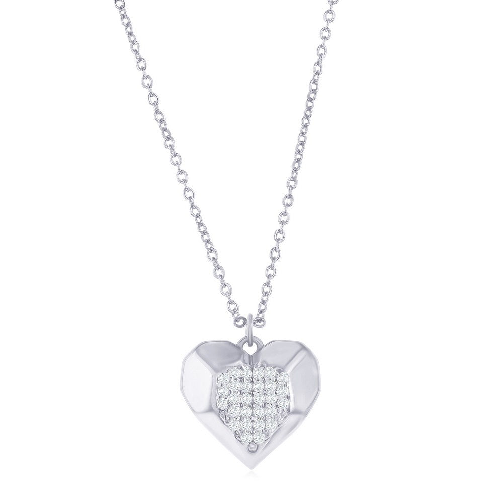 16+2 inch Sterling Silver Center Pave CZ Heart Necklace
