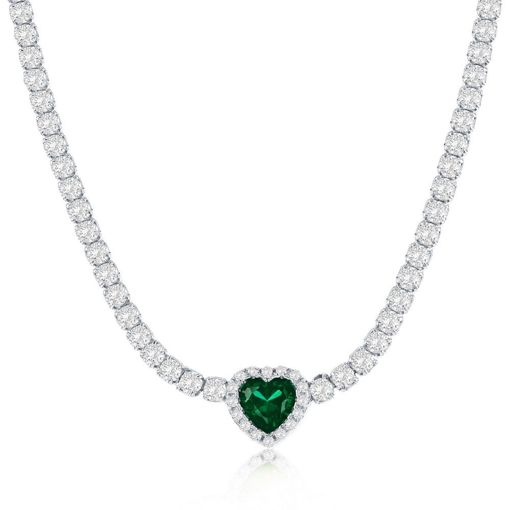 16+2 inch Sterling Silver, Heart CZ Tennis Necklace - Emerald