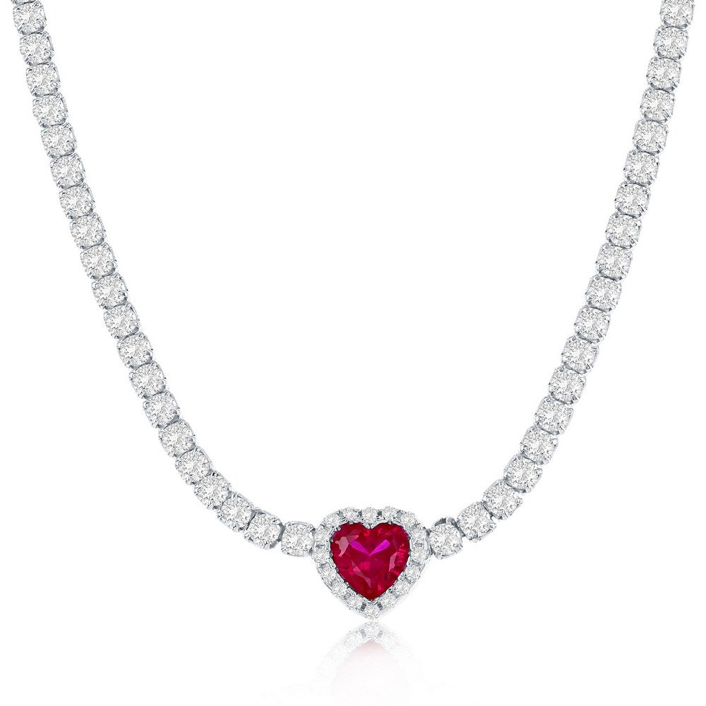 16+2 inch Sterling Silver, Heart CZ Tennis Necklace - Ruby