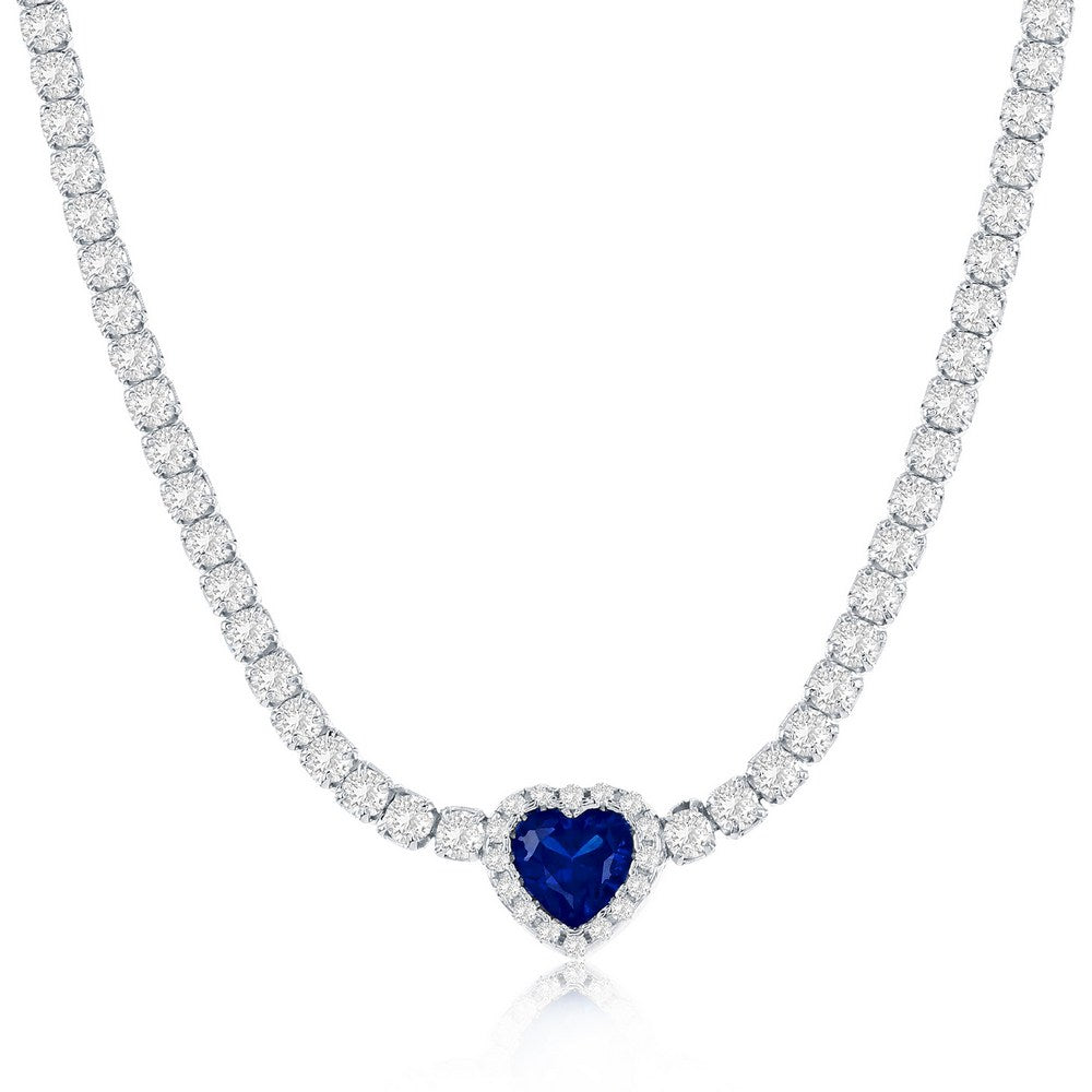 16+2 inch Sterling Silver, Heart CZ Tennis Necklace - Sapphire