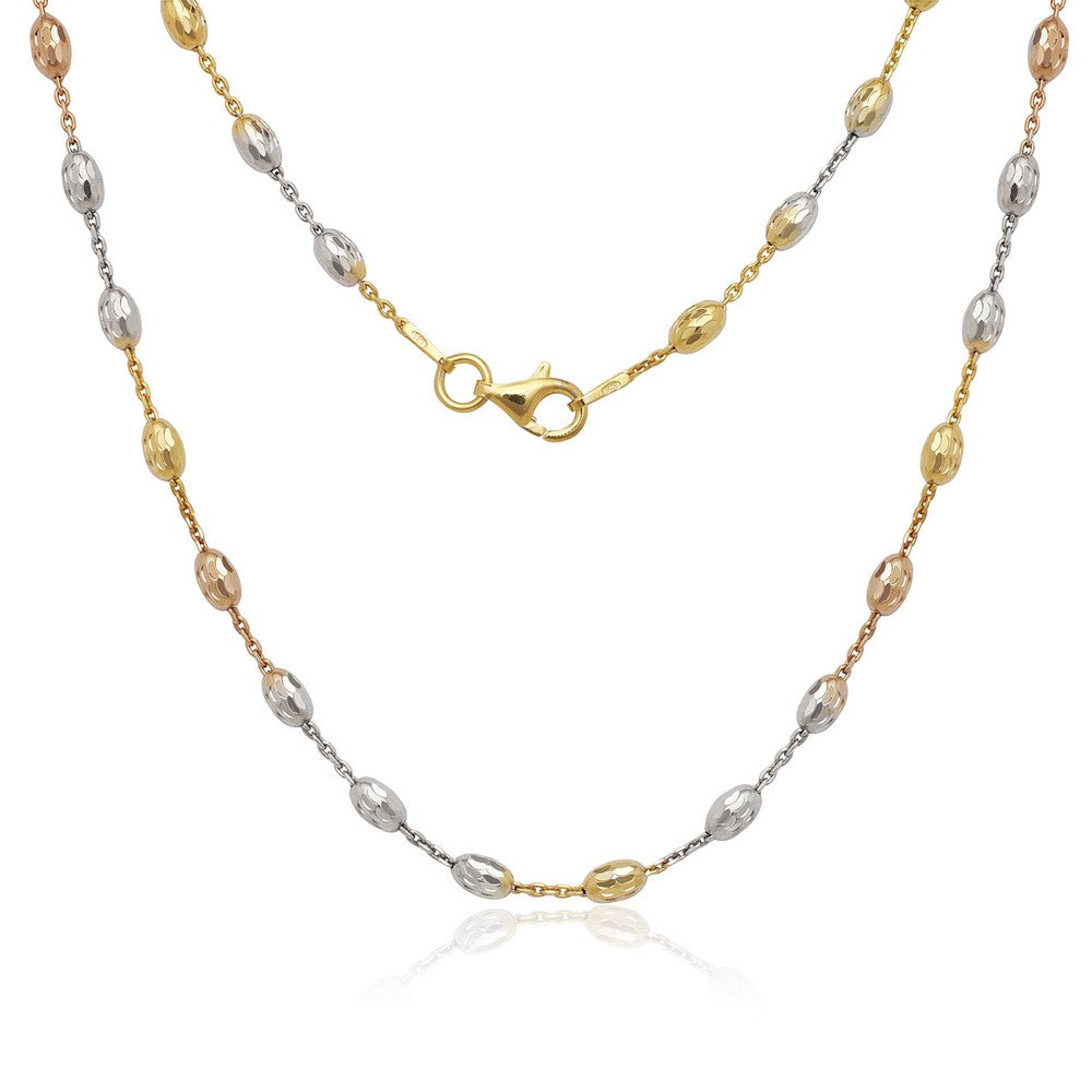 9 inch Sterling Silver Diamond Cut Oval Moon Bead Chain - Tri Color