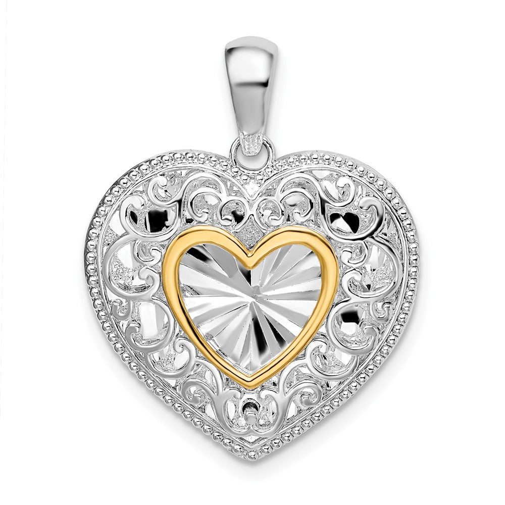 Sterling Silver Rhodium-plated Polished Heart w/14k Accent Pendant