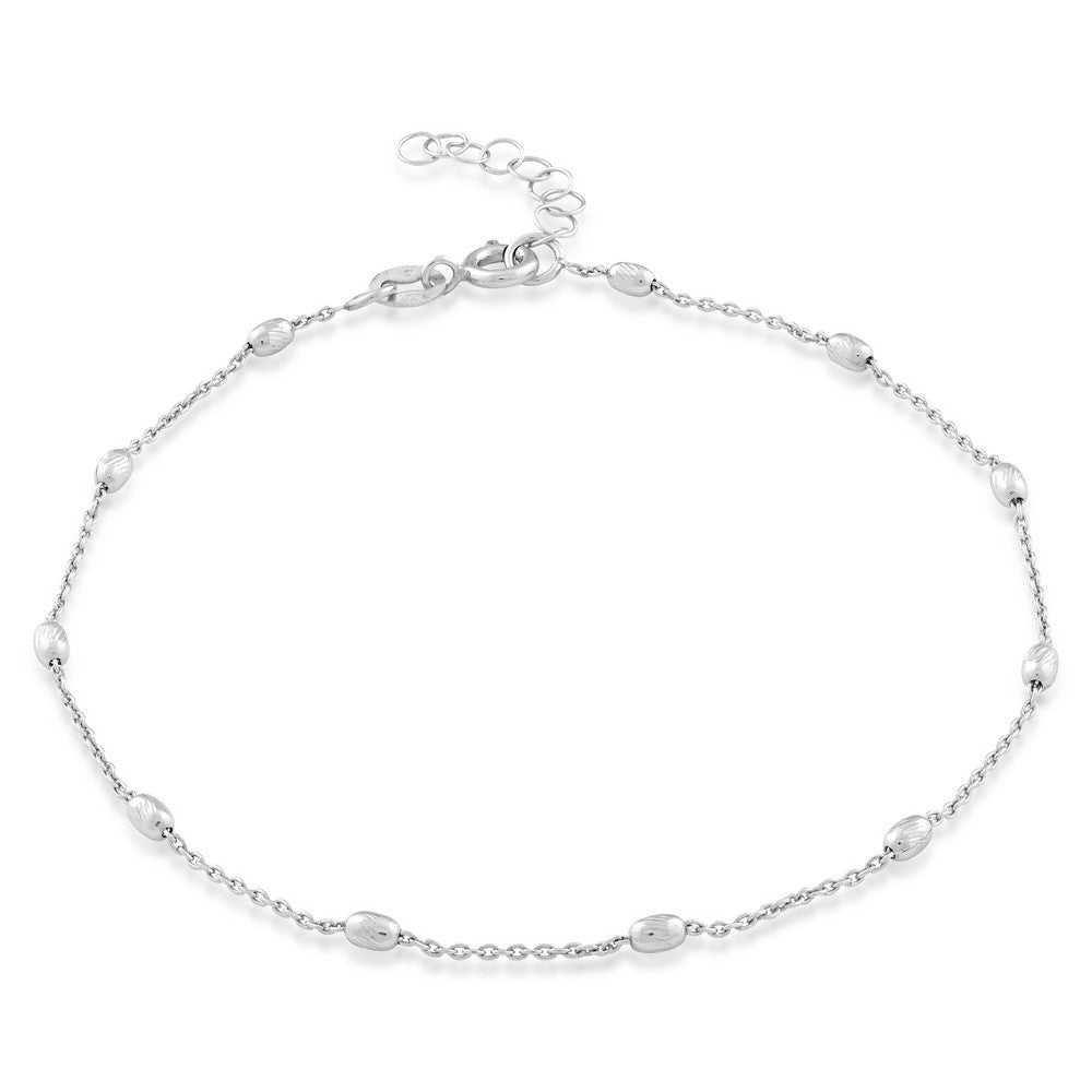 9+1 inch Sterling Silver Diamond Cut Small Oval Beads Anklet