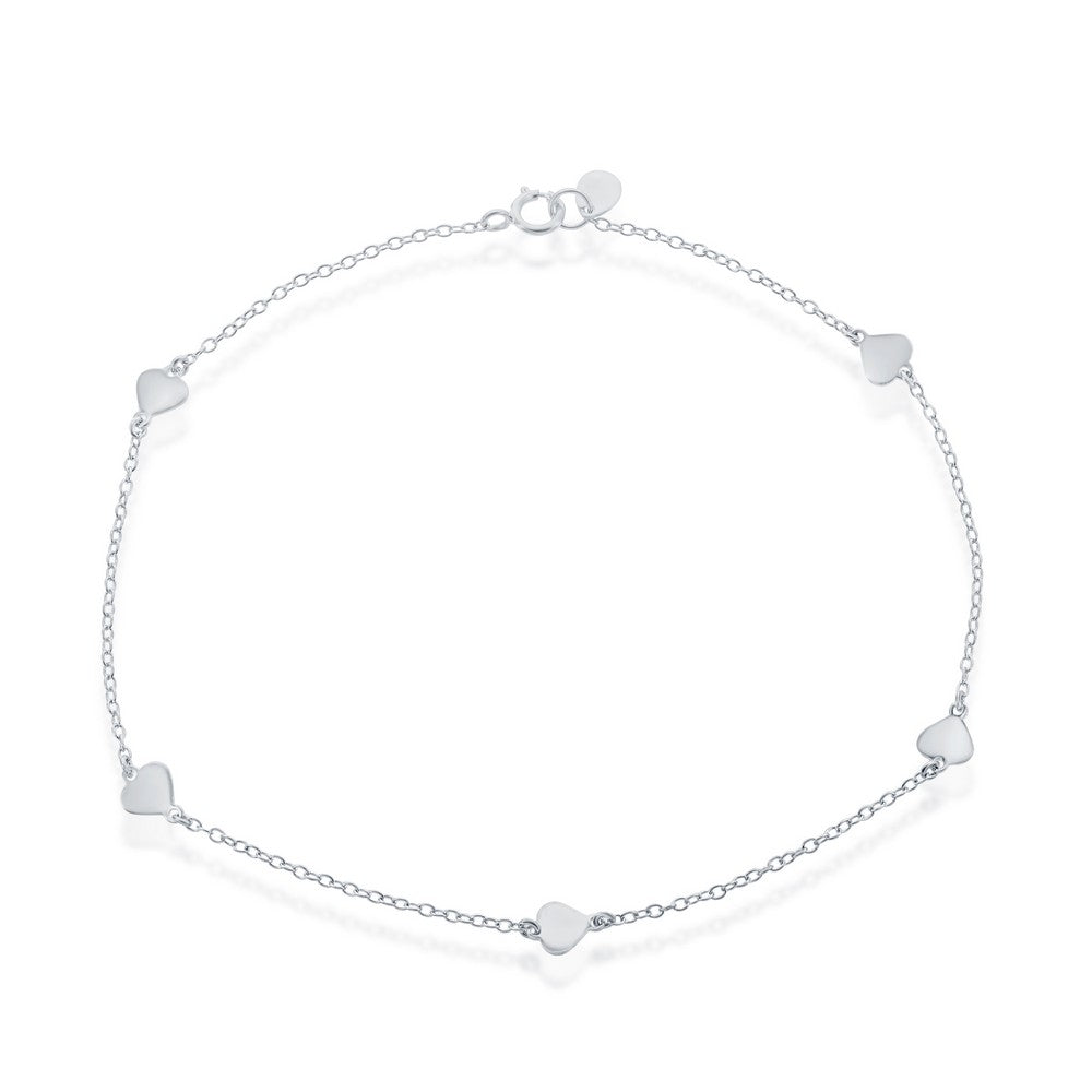 9+1 inch Sterling Silver Shiny Flat Heart Anklet