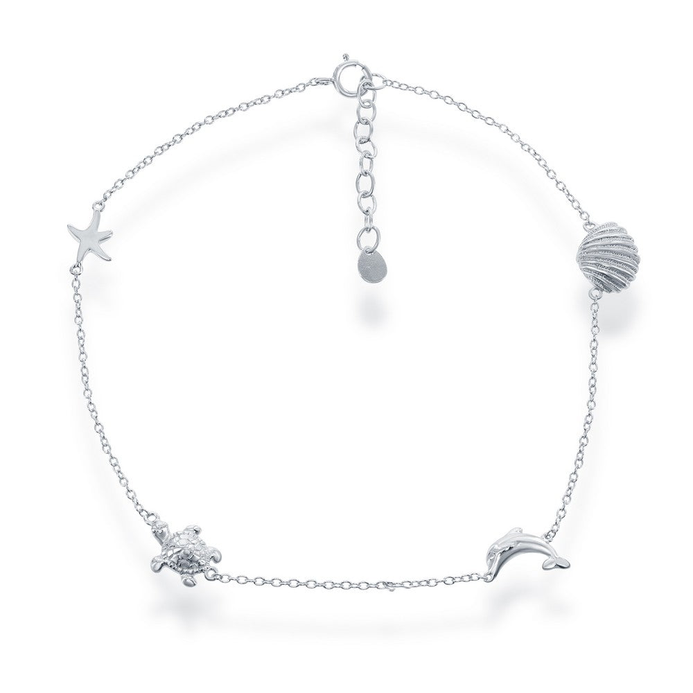 9+1 inch Sterling Silver Shell, Dolphin, Turtle & Starfish Sea Life Anklet