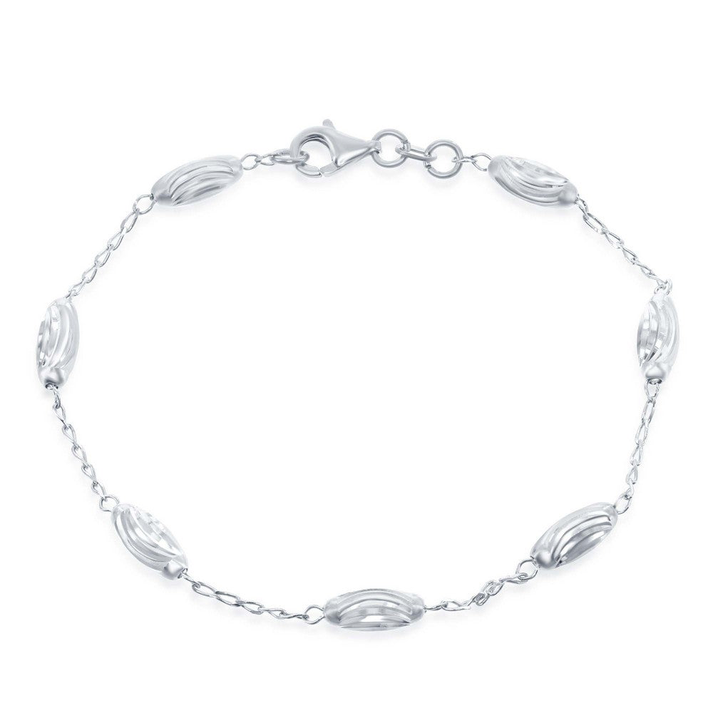 7.25 inch Sterling Silver Diamond Moon Cut Oval Bead Bracelet