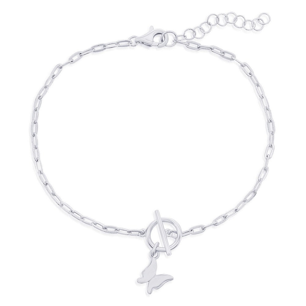 6.5+1 inch Sterling Silver Butterfly Charm Paperclip Toggle Bracelet