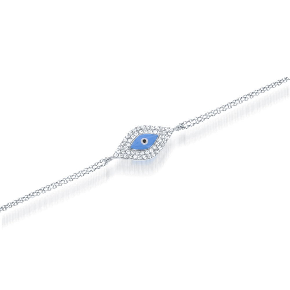 7 inch Sterling Silver Double-Strand Turquoise Enamel and CZ Evil Eye Bracelet