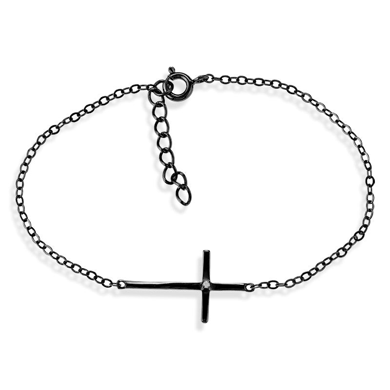 7+1 inch Sterling Silver Single CZ Sideways Cross Bracelet - Black Rhodium