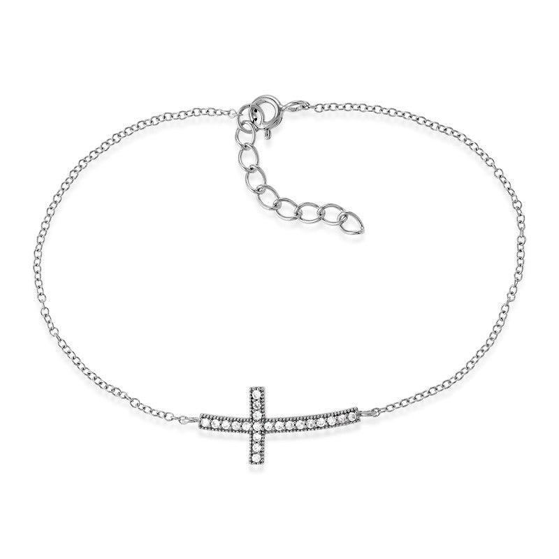 7+1 inch Sterling Silver Micro Pave Curved Sideways Cross Bracelet