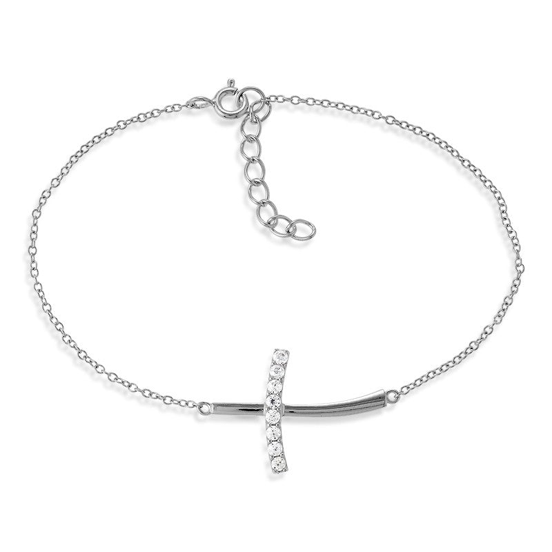 7+1 Inch Sterling Silver Half CZ Curved Sideways Cross Bracelet