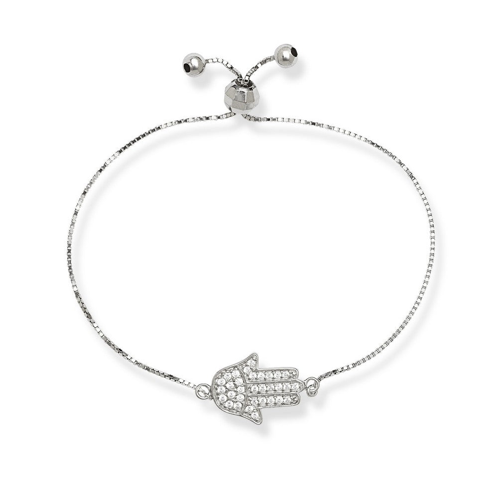 Sterling Silver Box Chain with Center CZ Hamsa with Beads Adjustable Bolo Bracelet