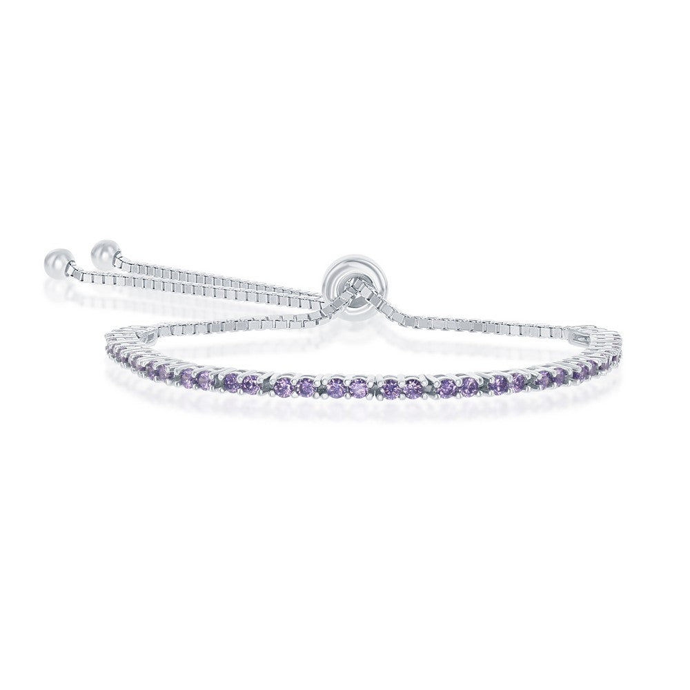 Sterling Silver 2MM Amethyst CZ 'February Birthstone' Tennis Adjustable Bolo Bracelet