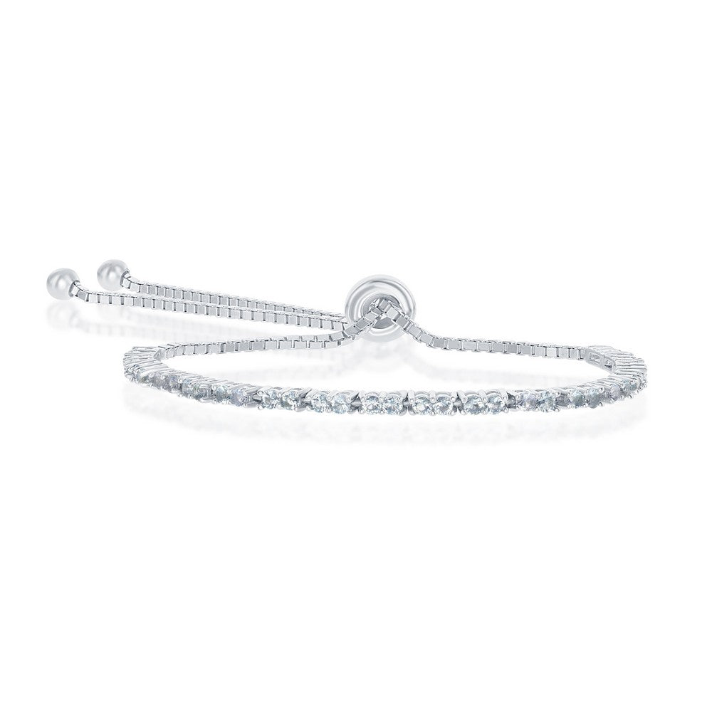 Sterling Silver 2MM Aquamarine CZ 'March Birthstone' Tennis Adjustable Bolo Bracelet