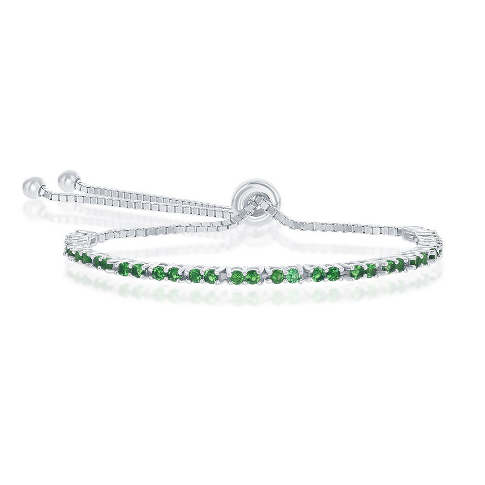 Sterling Silver 2MM Green CZ 'May Birthstone' Tennis Adjustable Bolo Bracelet