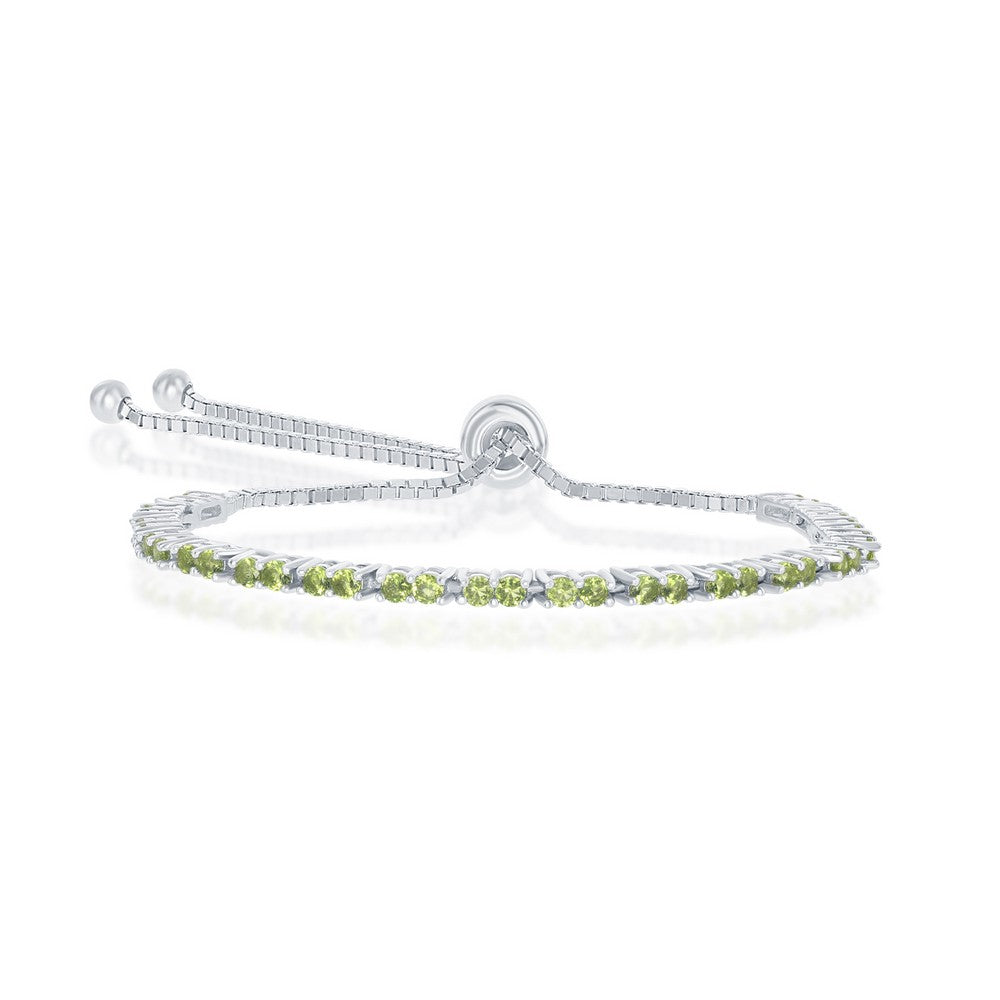Sterling Silver 2MM Peridot CZ 'August Birthstone' Tennis Adjustable Bolo Bracelet