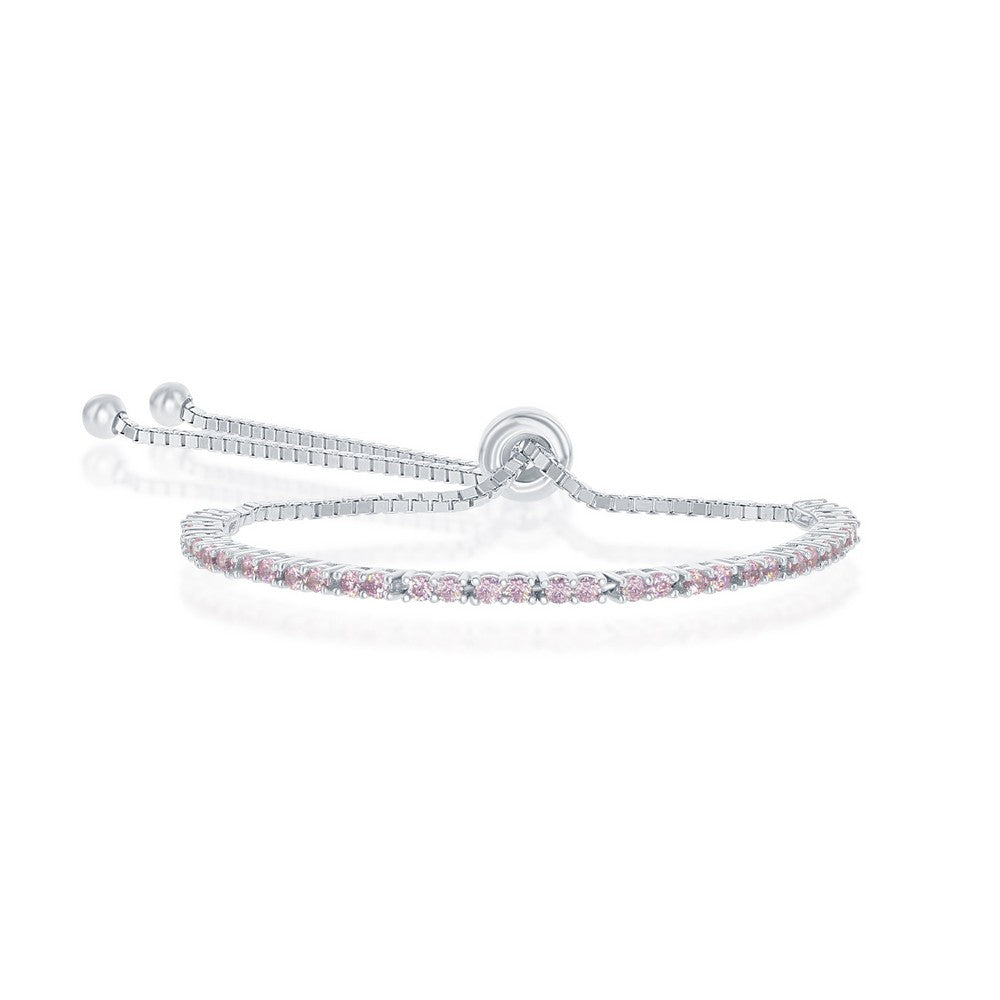 Sterling Silver 2MM Pink CZ 'October Birthstone' Tennis Adjustable Bolo Bracelet