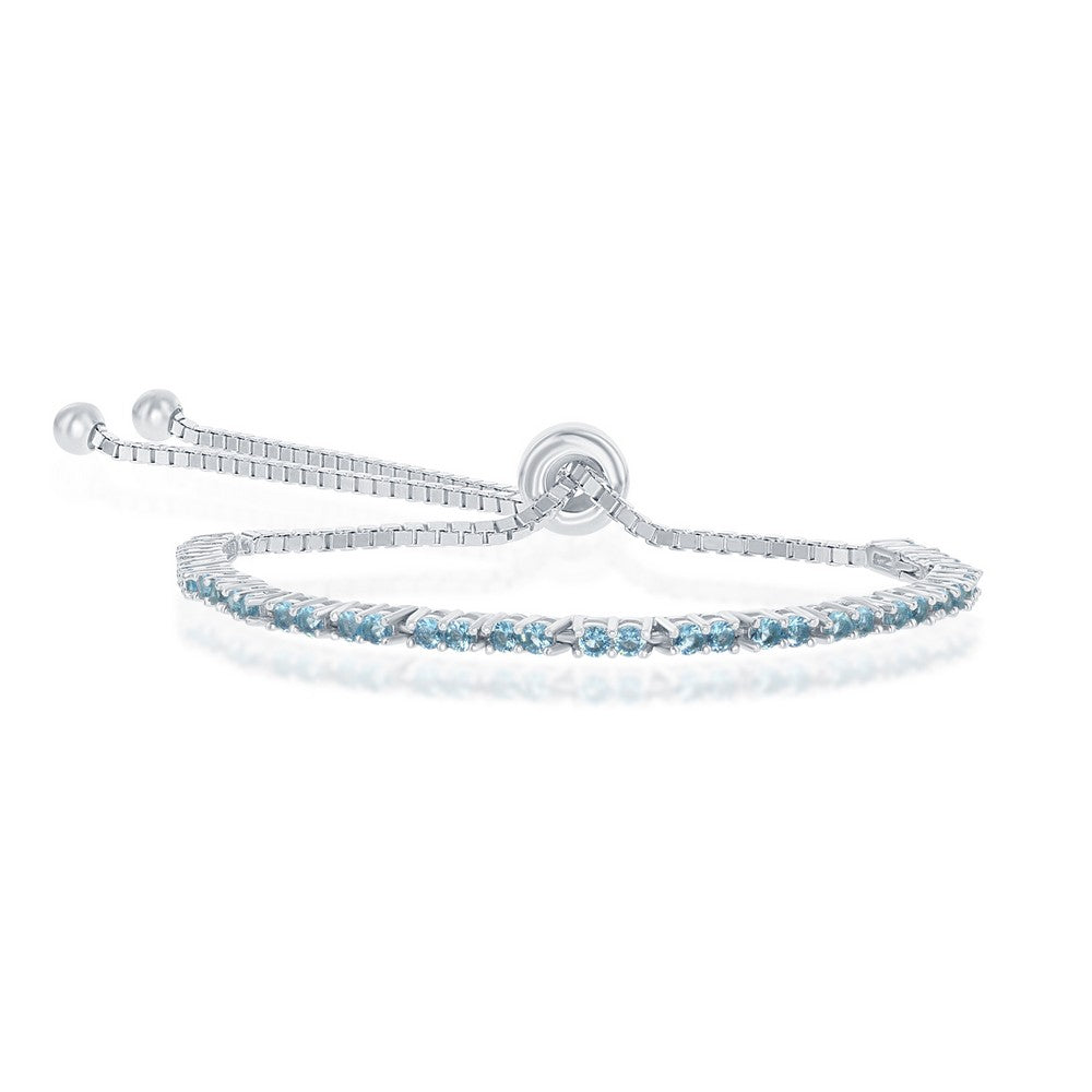 Sterling Silver 2MM Swiss Blue CZ 'December Birthstone' Tennis Adjustable Bolo Bracelet