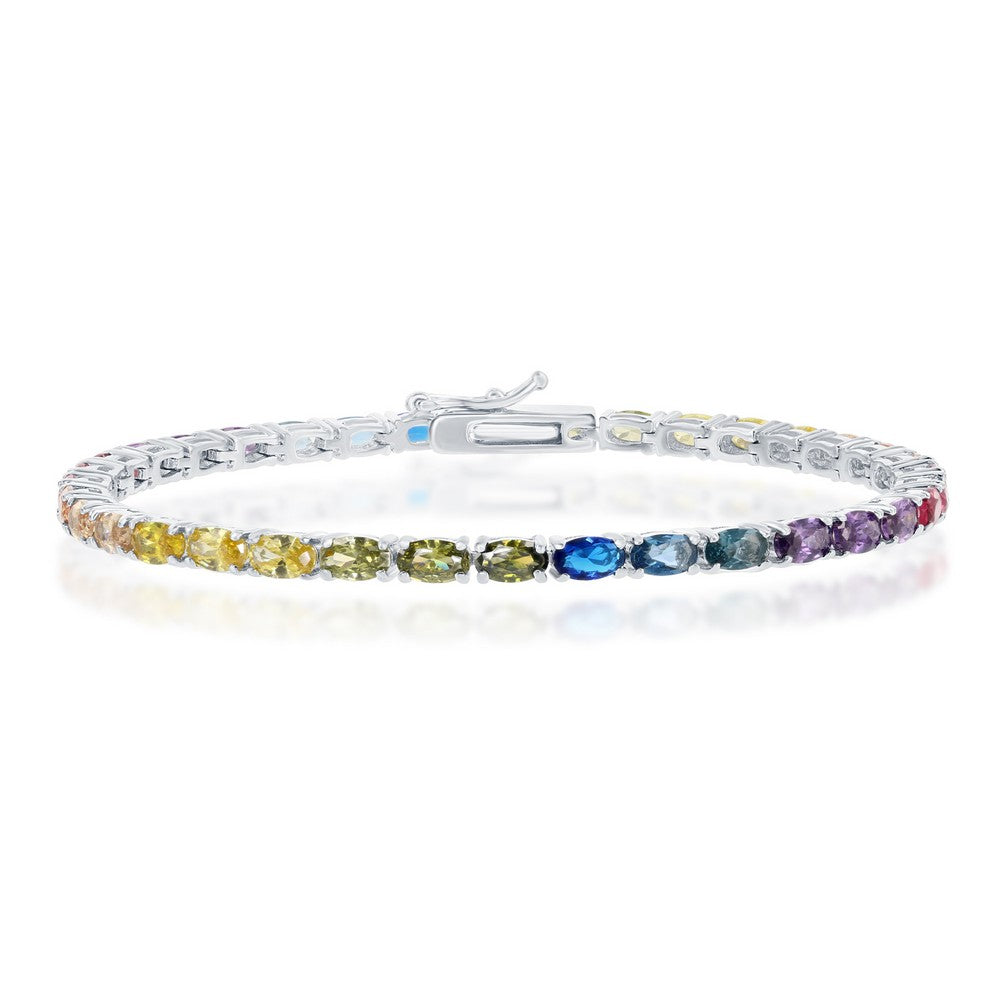 7.5 inch Sterling Silver Oval Rainbow CZ Tennis Bracelet