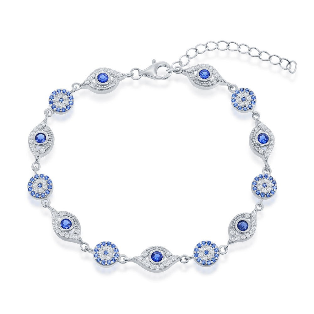7.5 inch Sterling Silver White & Blue CZ Evil Eye Bracelet