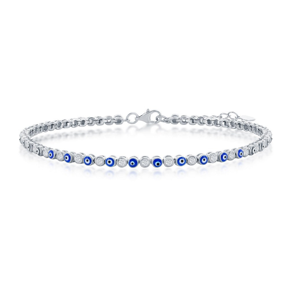 7+1 inch Sterling Silver, Alternating Evil Eye and CZ Tennis Bracelet