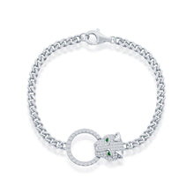 Load image into Gallery viewer, 7.25 inch Sterling Silver CZ Emerald Eyes Panther, Circle CZ Bracelet
