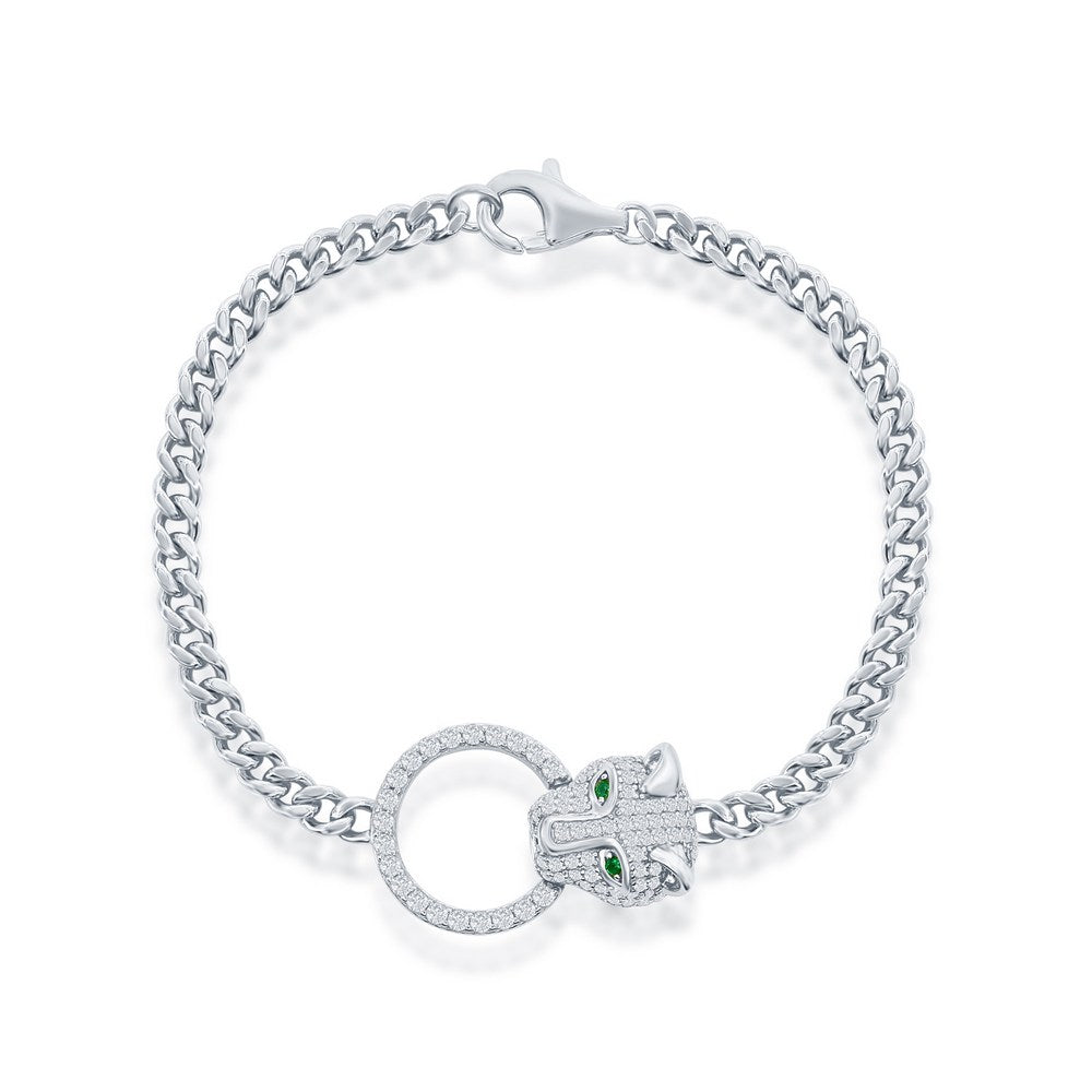 7.25 inch Sterling Silver CZ Emerald Eyes Panther, Circle CZ Bracelet