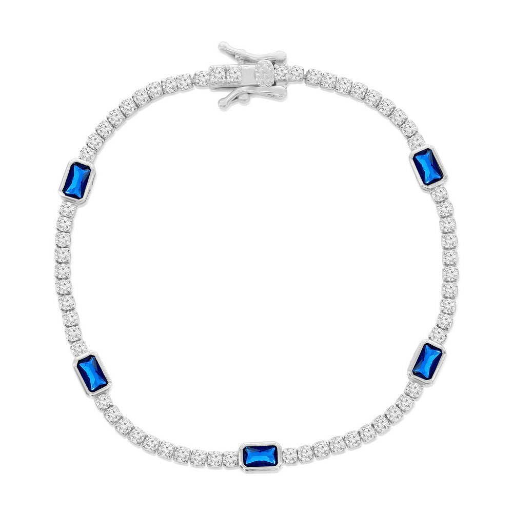 7” Sterling Silver, Rectangle Bezel-Set & Round CZ Bracelet - Sapphire