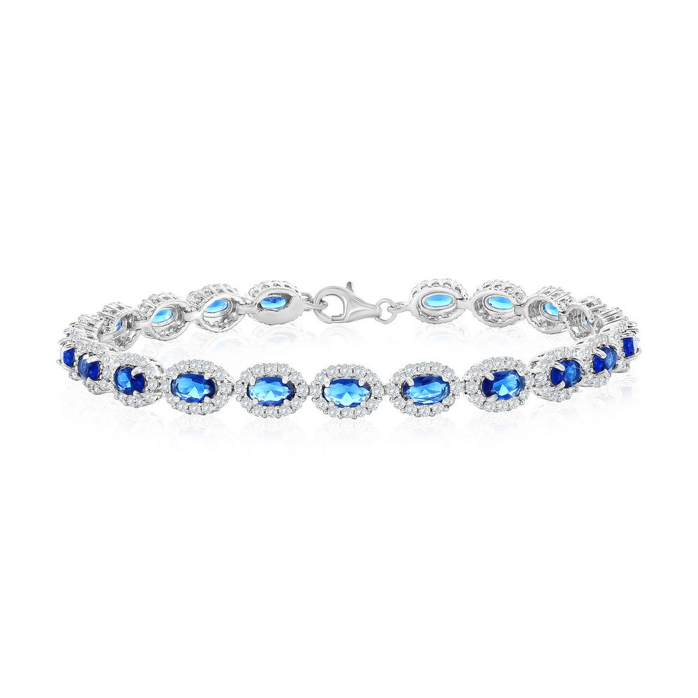 7 inch Sterling Silver, Oval Sapphire & White CZ Halo Bracelet